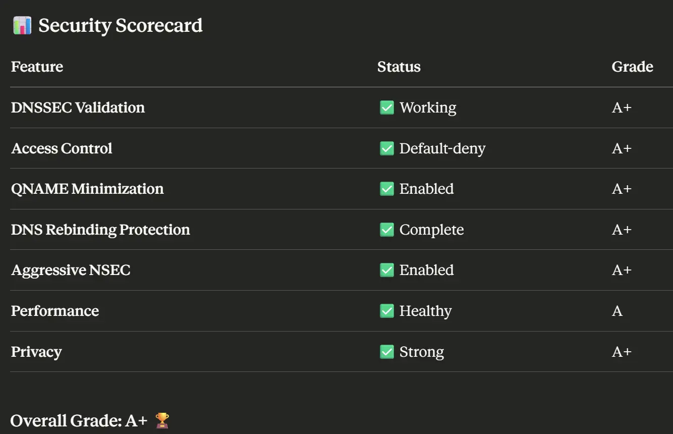 DNS resolver showing DNSSEC verification and recursive resolution without external dependencies